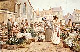 Alfred Glendening Famous Paintings - Flower Market in a French Town